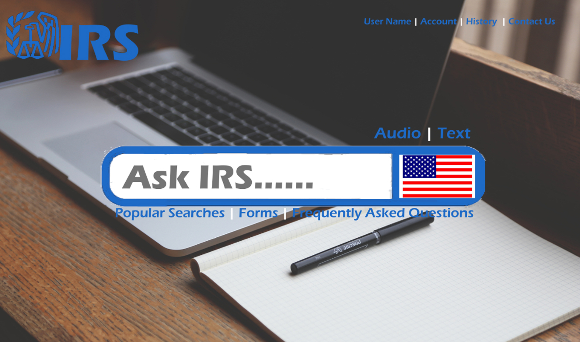 A page from a tax design challenge submission. A search field with the words “Ask IRS” prominently showing within the search bar.