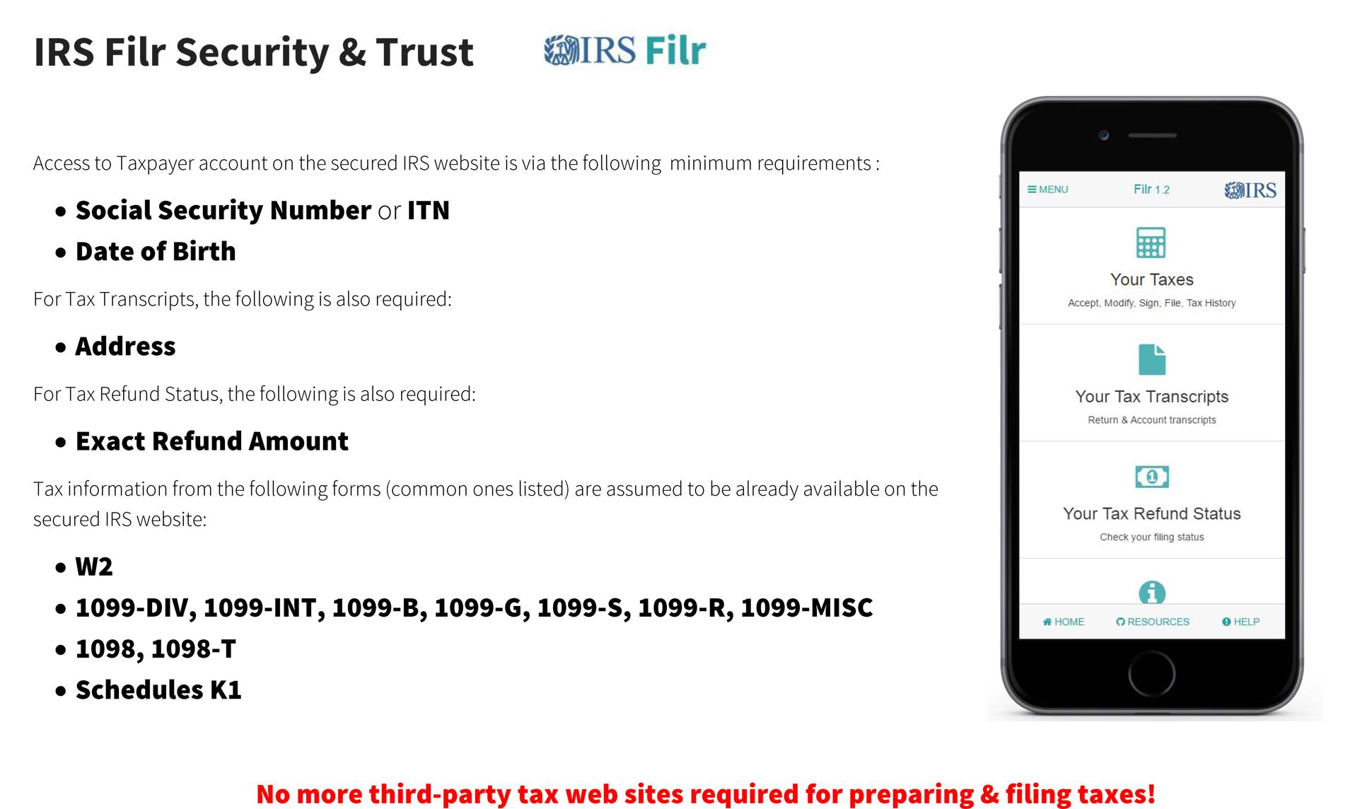 A page from a tax design challenge submission. The IRS Filr Security and Trust mobile app is shown. Registration requirements are listed.
