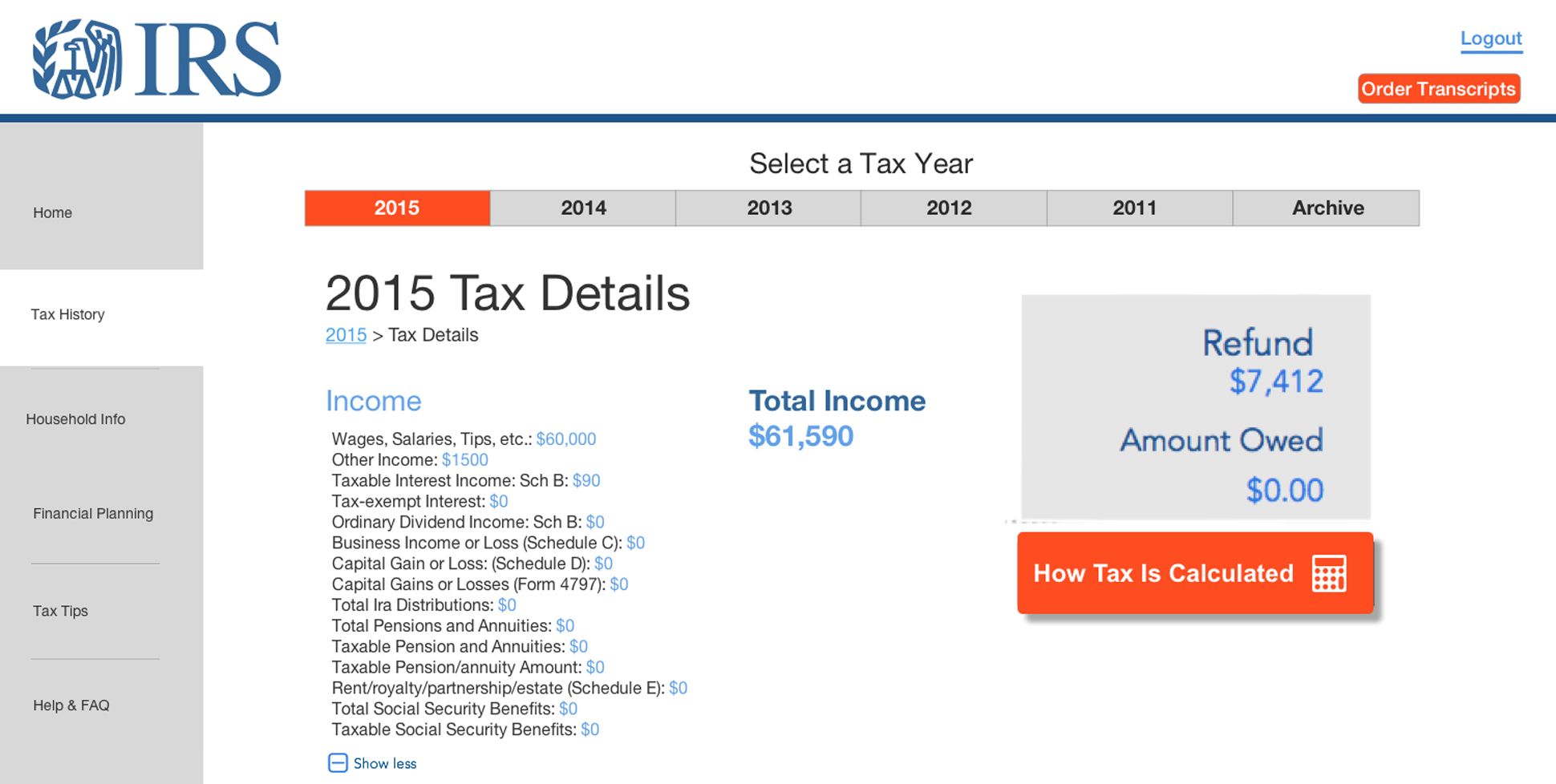 A page from a tax design challenge submission. 2015 tax details are shown in the tax history of this site. A refund of $7,412 is shown along with the total income.