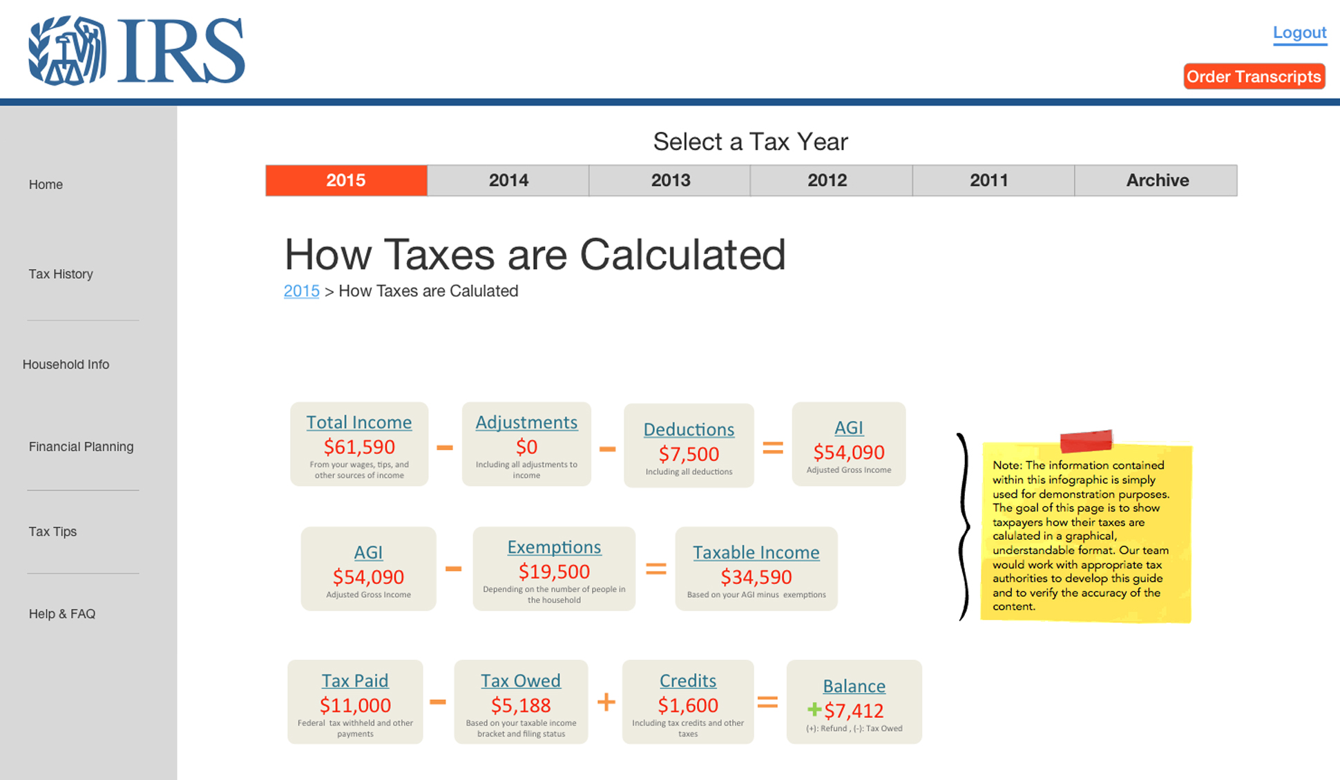 A page from a tax design challenge submission. A visual calculator shows how taxes are determined.