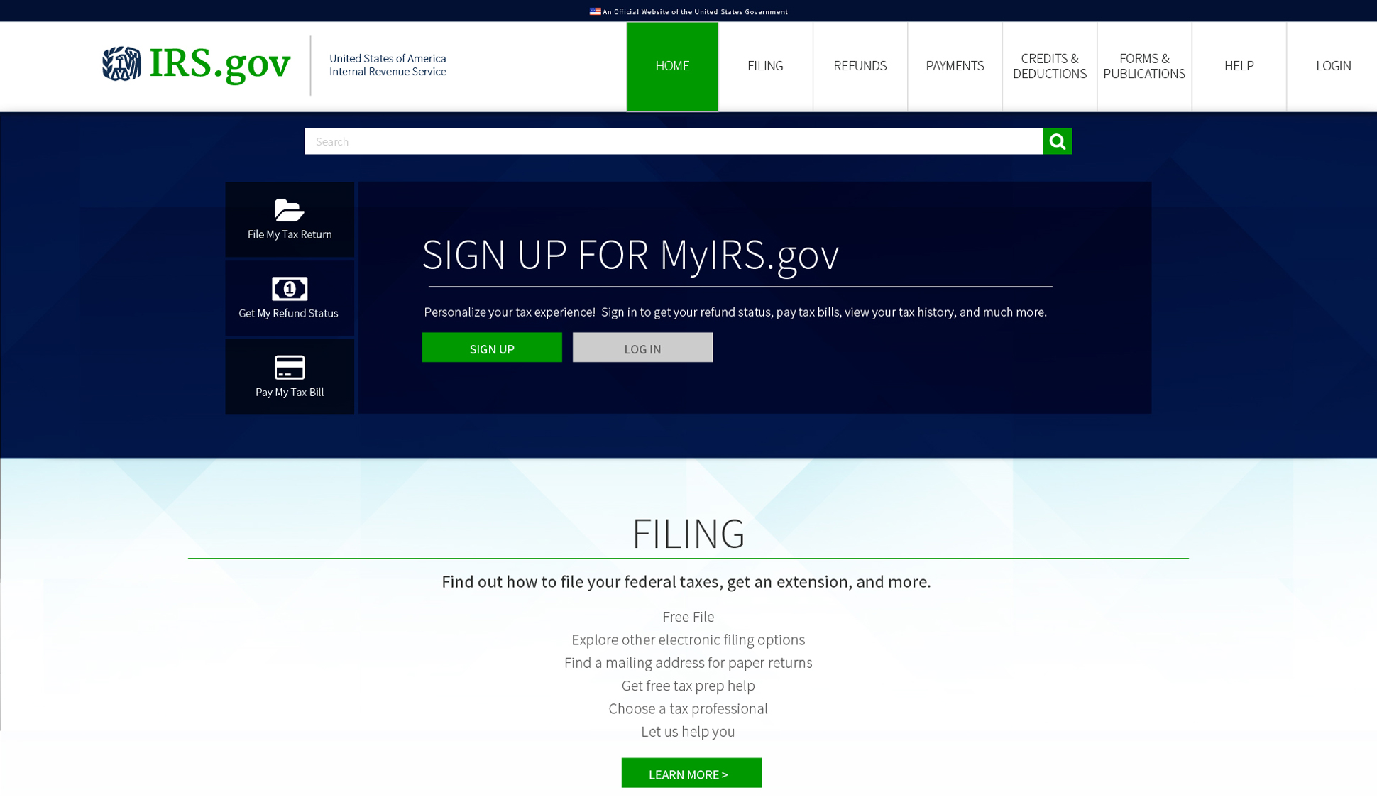 A page from a tax design challenge submission. A newly designed IRS.gov encourages users to sign up for MyIRS.gov in order to personalize their tax experience. Using this site they can get their refund status, pay tax bills, and more.