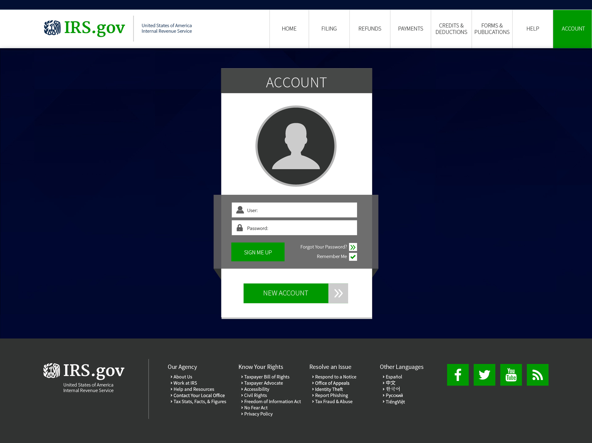 A page from a tax design challenge submission. The account login screen to the IRS.gov web application.