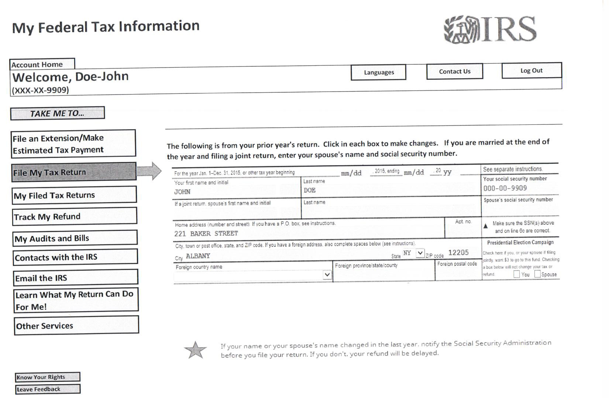 A page from a tax design challenge submission. A screen shows the form to be updated in order to file a tax return.