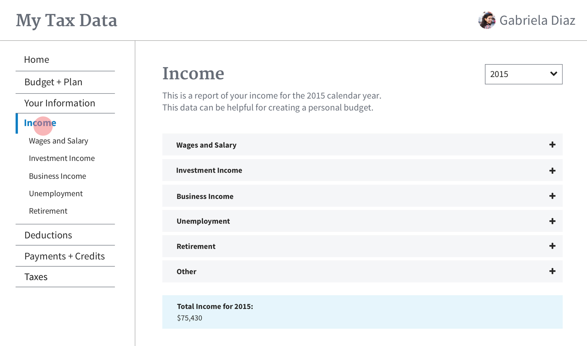 A page from a tax design challenge submission. The income page includes wages and salary, investment income, business income, unemployment, retirement, and an other category.