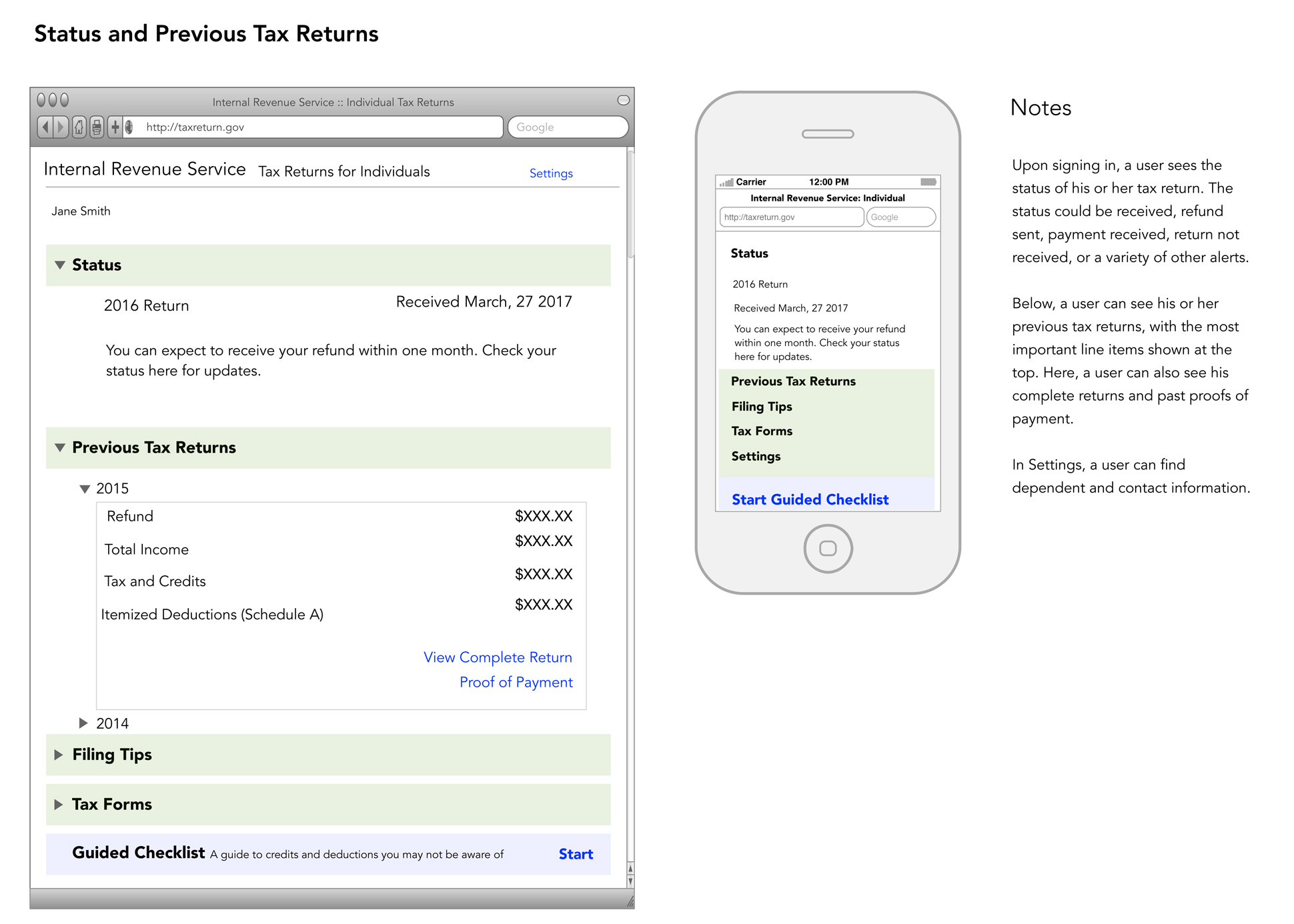 A page from a tax design challenge submission. Status and previous tax return screens are shown for both the desktop and mobile view.