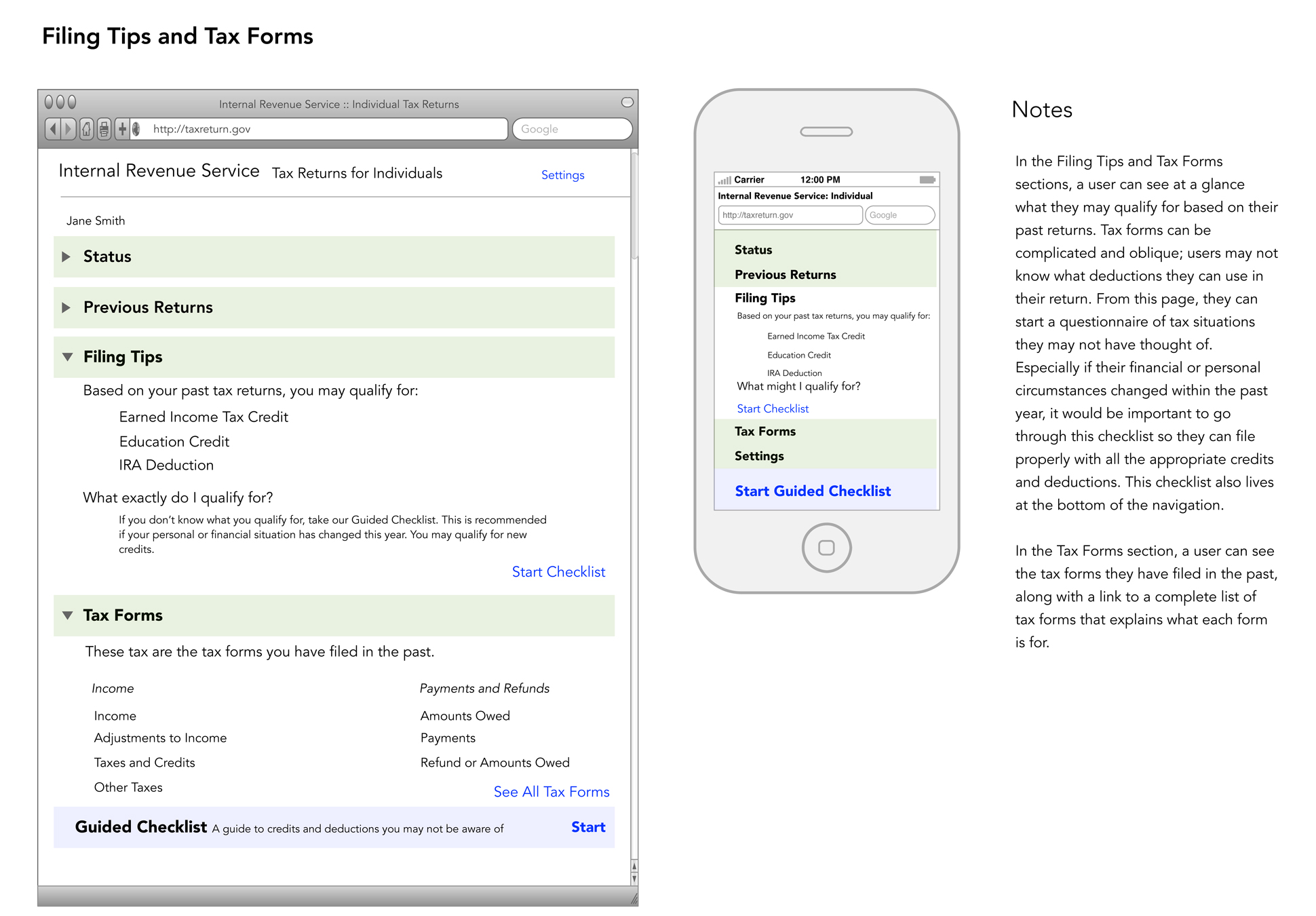 A page from a tax design challenge submission. Filing tips and tax form screens are shown for both the desktop and mobile view.