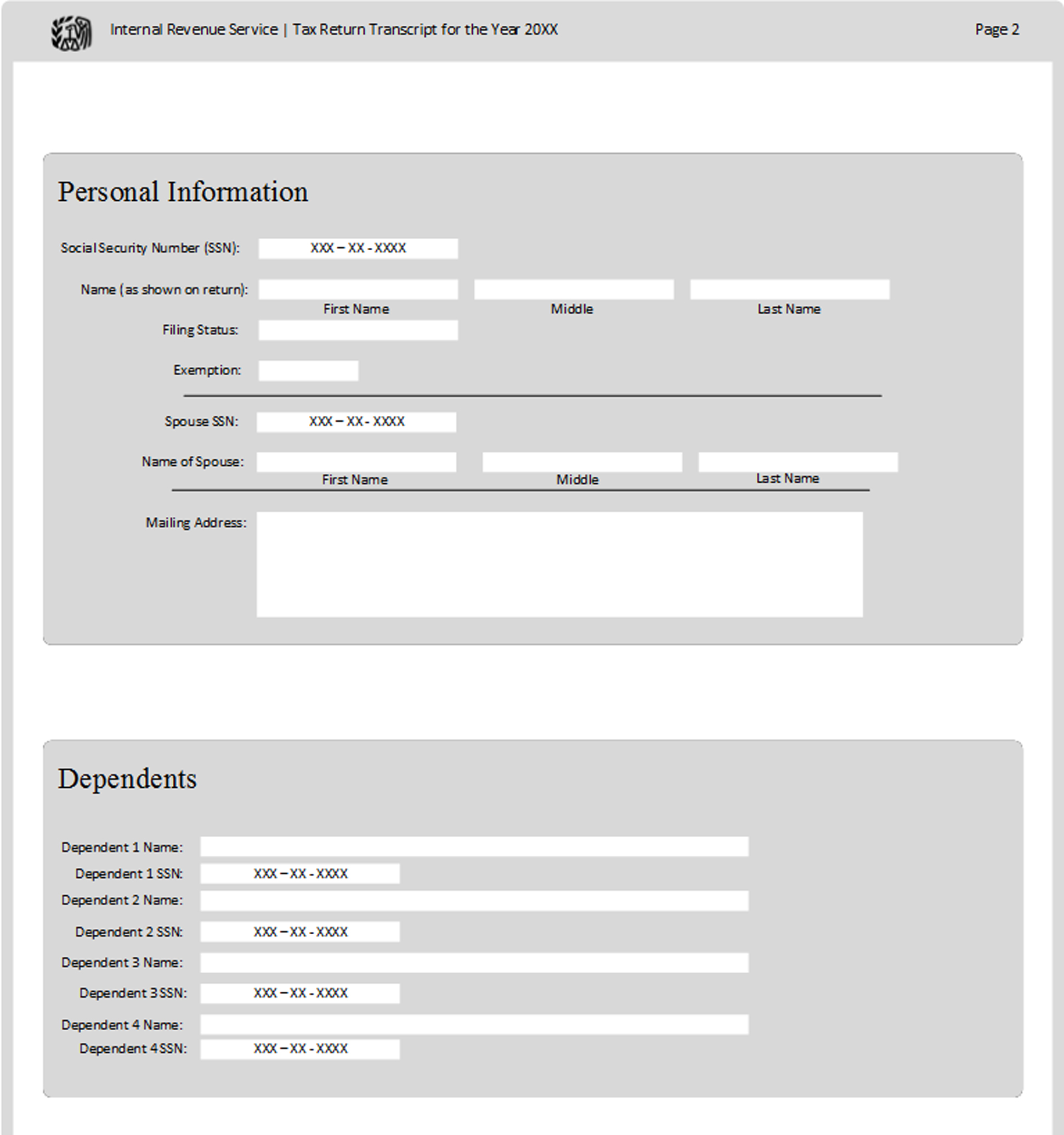 A page from a tax design challenge submission. Personal information forms for both the individual and dependents.