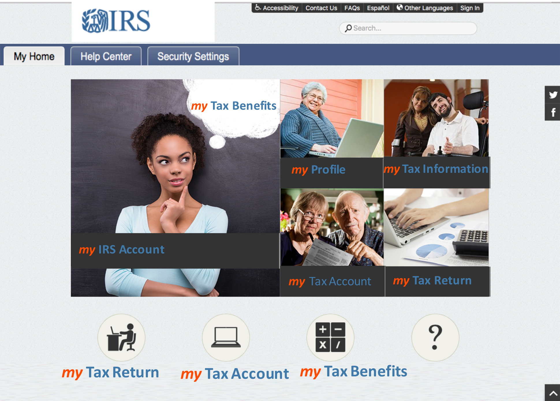 A page from a tax design challenge submission. The dashboard has links to the IRS account, profile, tax account, tax information, and tax return.