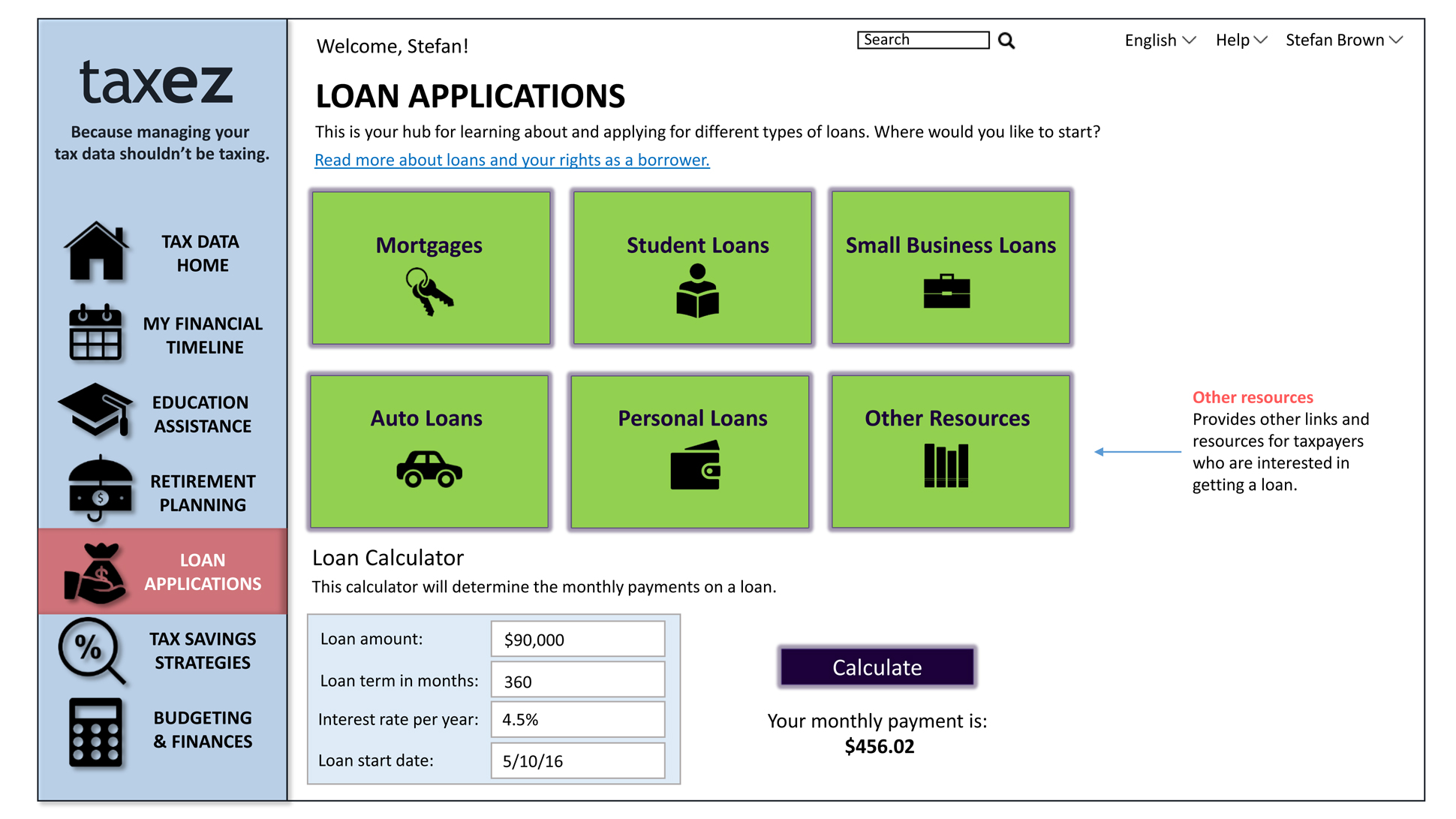 A page from a tax design challenge submission. This page calls out resources available when applying for a loan.